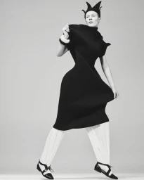 Model Julia Nobis wearing a sculptural black dress and horned headpiece in a black and white fashion editorial photograph.