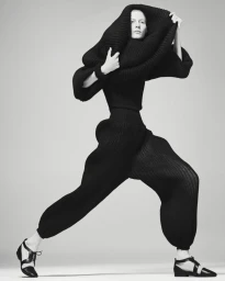 Model Julia Nobis in a sculptural black knit outfit and dark shoes against a light grey background