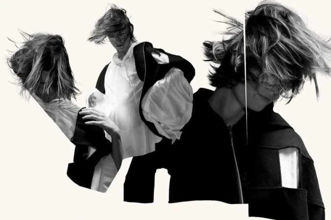 Black and white editorial collage featuring multiple overlapping views of a model with windblown hair against a plain white background