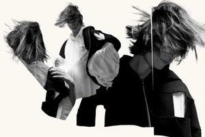 Black and white editorial collage featuring multiple overlapping views of a model with windblown hair against a plain white background