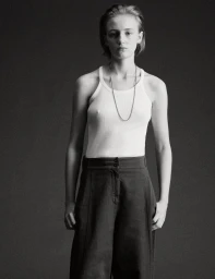 Portrait of a model wearing a white tank top and dark trousers against a plain dark studio background.