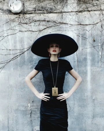 Model in a black dress and wide-brimmed hat standing against a weathered concrete wall for Beyond Noise Issue 5