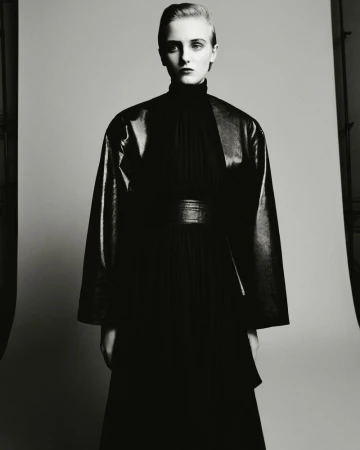 Model in black turtleneck and glossy jacket posing against a grey seamless studio background in black and white