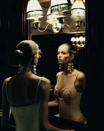Model wearing pearl-embellished dress and statement earrings looking in mirror with ornate lamps above