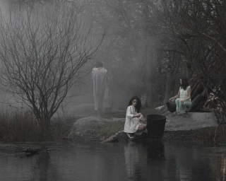 Three figures in muted attire near a misty wooded riverbank for the I'TIMAD project by Dazed MENA, photographed by Billel Ouazene.