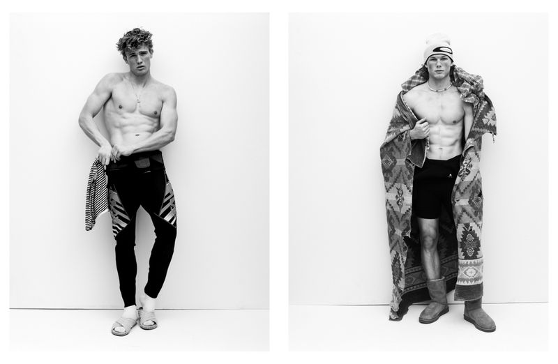 Two black and white portraits of male models posing shirtless against a plain white studio background for an editorial spread.
