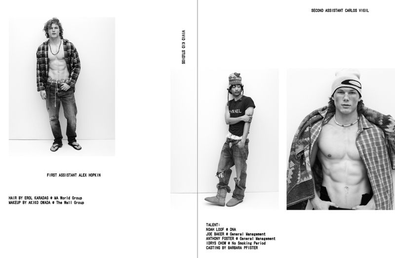 Black and white editorial layout featuring three male models in studio settings with typography credits