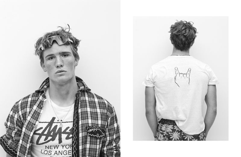 Diptyque portrait featuring a young man in a plaid shirt with sunglasses and another view of his back against a white background