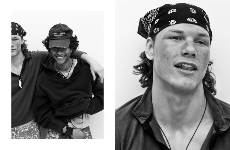 Black and white portrait featuring two young adult men and one close-up of a young man with curly hair and a bandana.