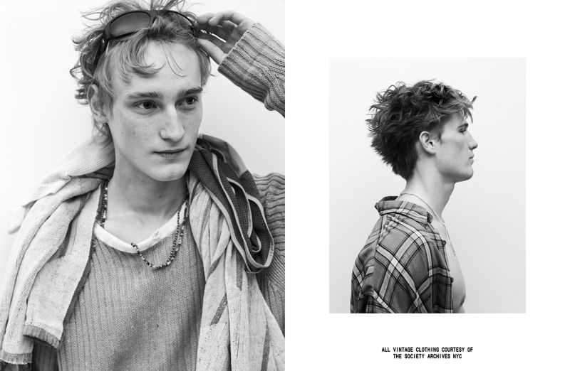 Black and white editorial portraits of male models wearing knitwear and a plaid shirt against a white backdrop.