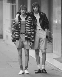 Two young male models posing together on a city street for Behind the Blinds magazine editorial.