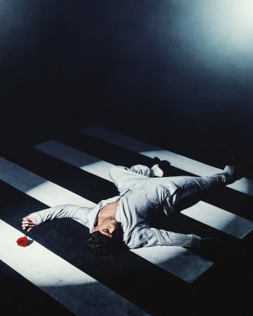 A man wearing a grey striped suit lies on a striped crosswalk holding a red rose under dramatic theatrical lighting.