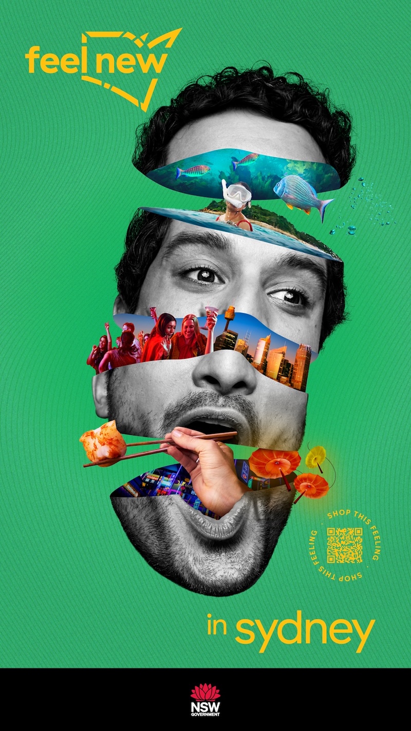 Collage of a man's face with sections replaced by images of food, cityscapes, and underwater scenes; text overlay: "Feel New in Sydney."