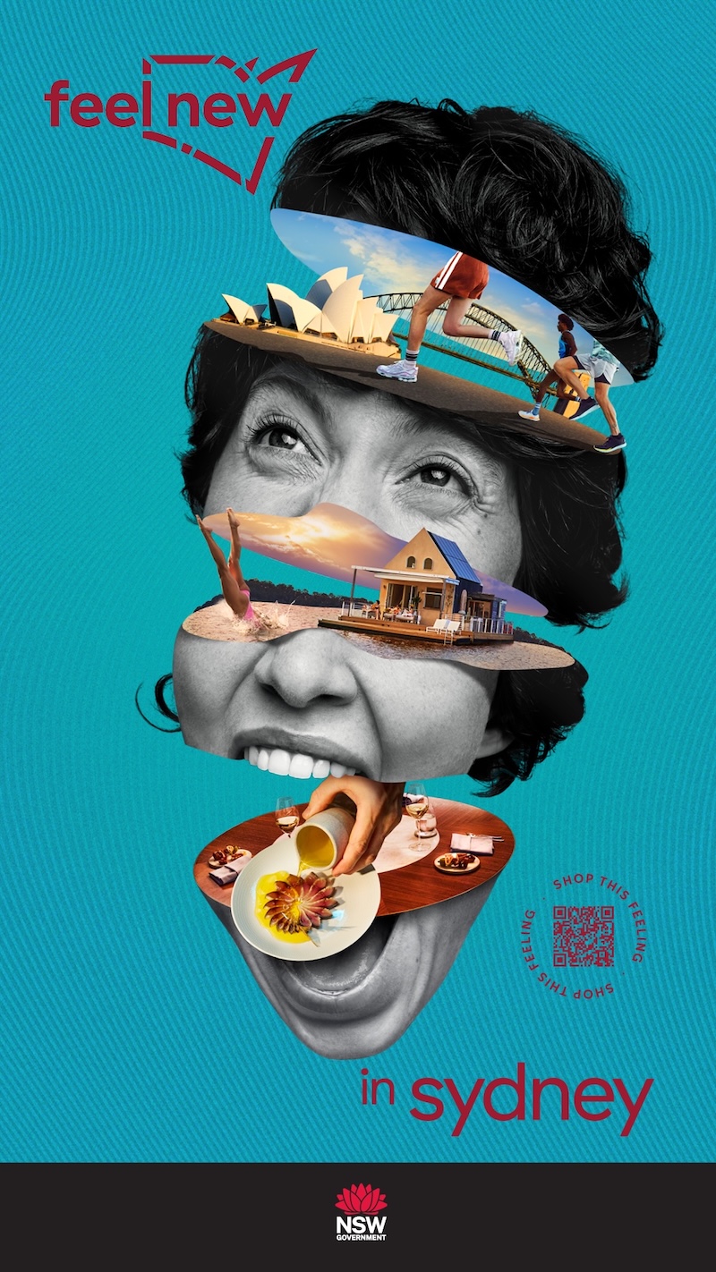 A collage-style travel advertisement promoting tourism in Sydney, Australia, showcasing iconic landmarks, food, and sports, set against a teal background.