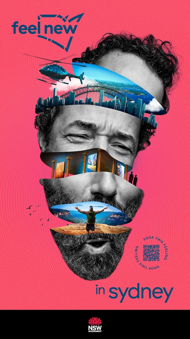 Collage portrait for 'Feel New in Sydney' featuring cityscapes, beaches, and travel, set against a vibrant pink background.