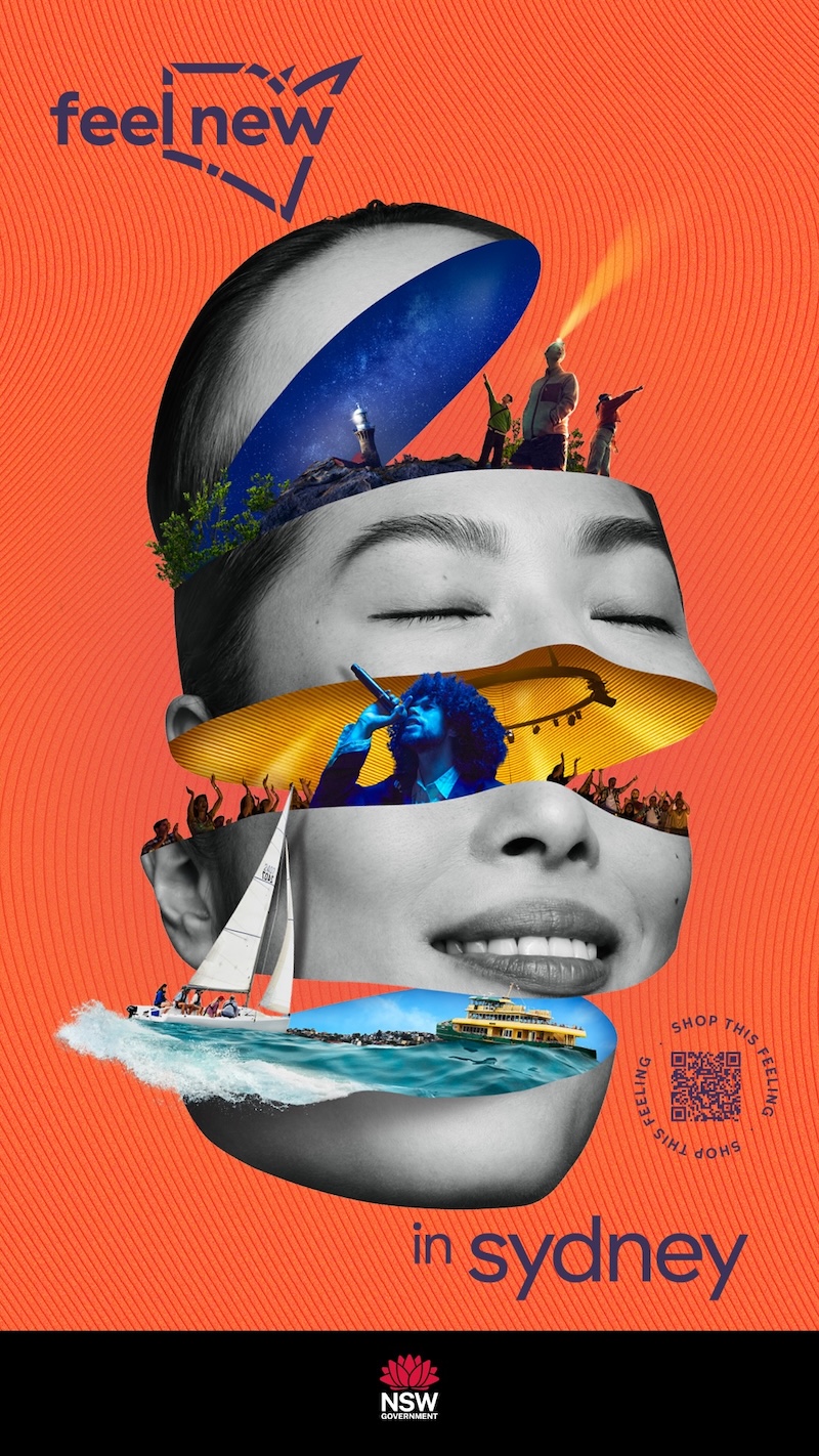 Collage with a woman's head layered with a boat, ferry, crowd, and people on a cliff, promoting travel in Sydney, Australia.