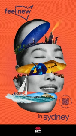 Collage with a woman's head layered with a boat, ferry, crowd, and people on a cliff, promoting travel in Sydney, Australia.