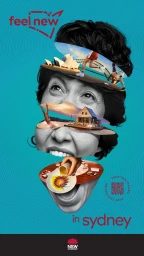 Black and white portrait collage of a smiling person with horizontal slice layers revealing travel scenes against a teal background.