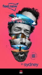 Surreal collage poster with a man's face layered with landscape slices against a vibrant pink background for Destination NSW.