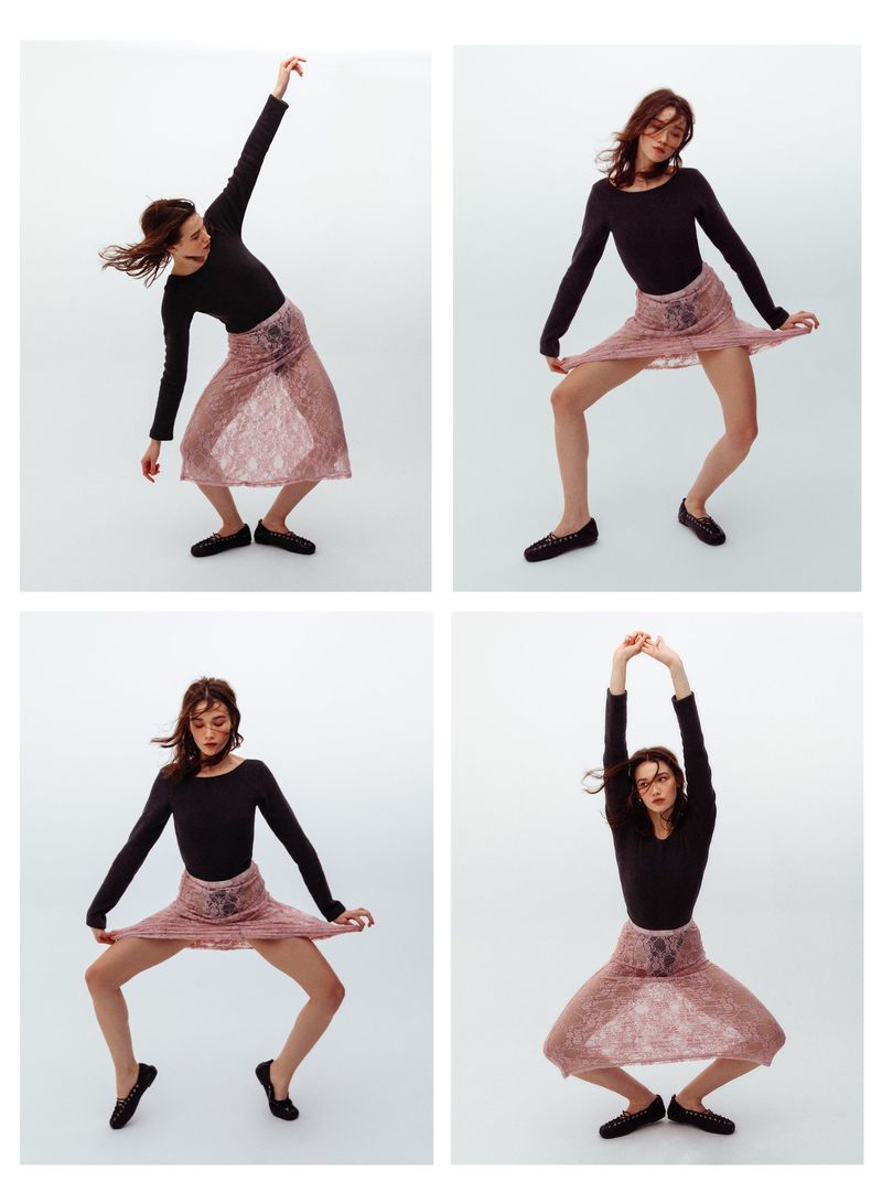 Four-panel editorial layout featuring a female model in a black long-sleeve top and sheer pink patterned skirt against white background.