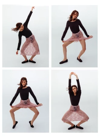 Four-panel editorial layout featuring a female model in a black long-sleeve top and sheer pink patterned skirt against white background.