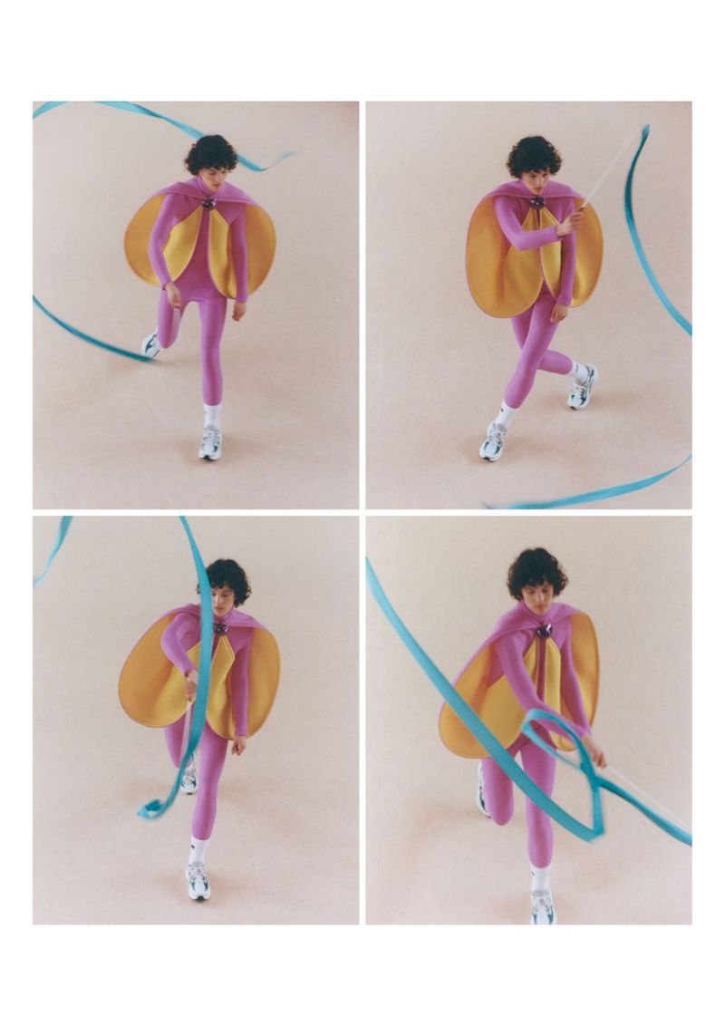 Four-panel editorial layout featuring a model in pink leggings and a yellow-and-magenta cape waving a blue ribbon.