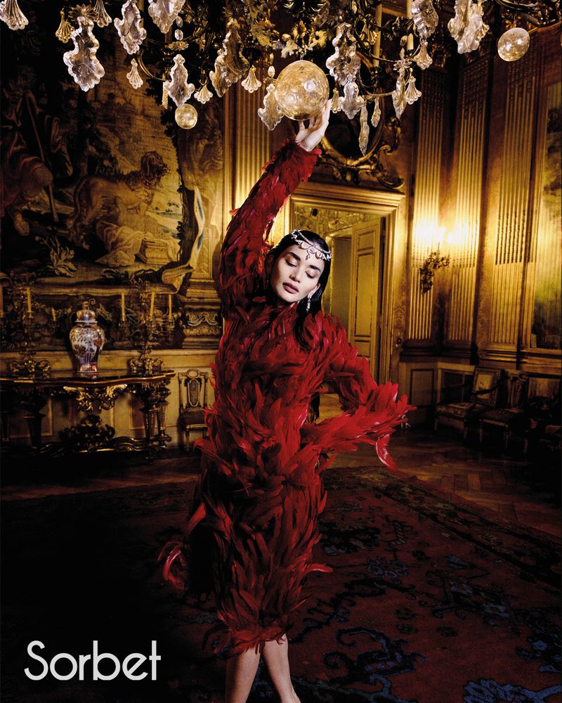 A woman in a red feathered dress raises her arm to touch a chandelier in an ornate room with gold walls, a tapestry, and a patterned floor.