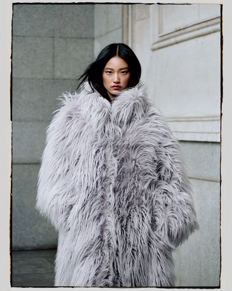 Asian woman in a grey faux fur coat, posing against an exterior wall, fashion editorial, daytime.