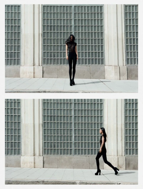 Fashion model in dark clothing poses in front of a modern exterior wall with rectangular glass blocks in two vertically stacked shots.