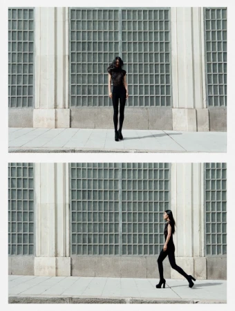 Fashion model in dark clothing poses in front of a modern exterior wall with rectangular glass blocks in two vertically stacked shots.