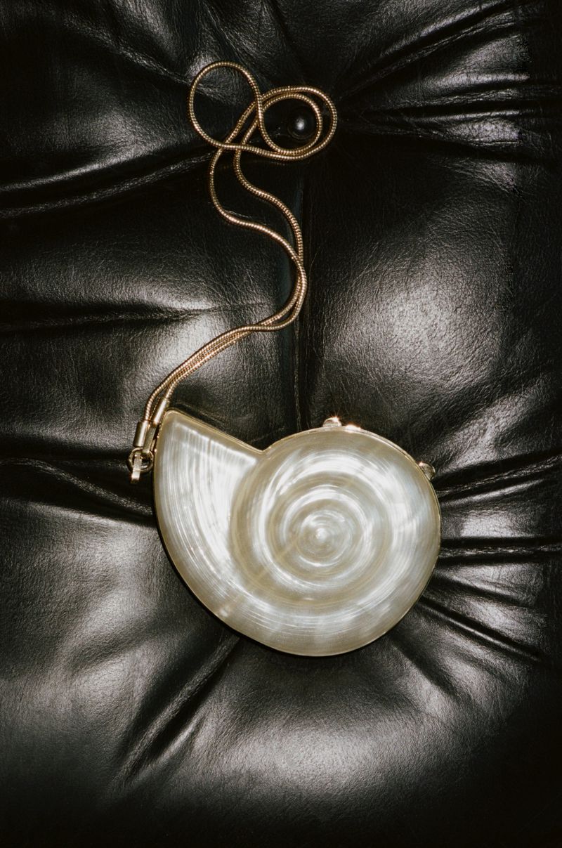 Nautilus shell evening clutch with a thin gold strap resting on black leather upholstery