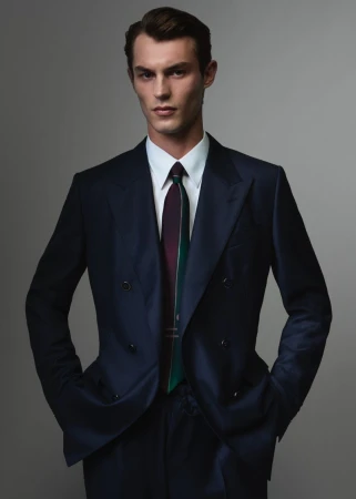 A man in a dark double-breasted suit, white shirt, and tie posing against a neutral grey studio backdrop.
