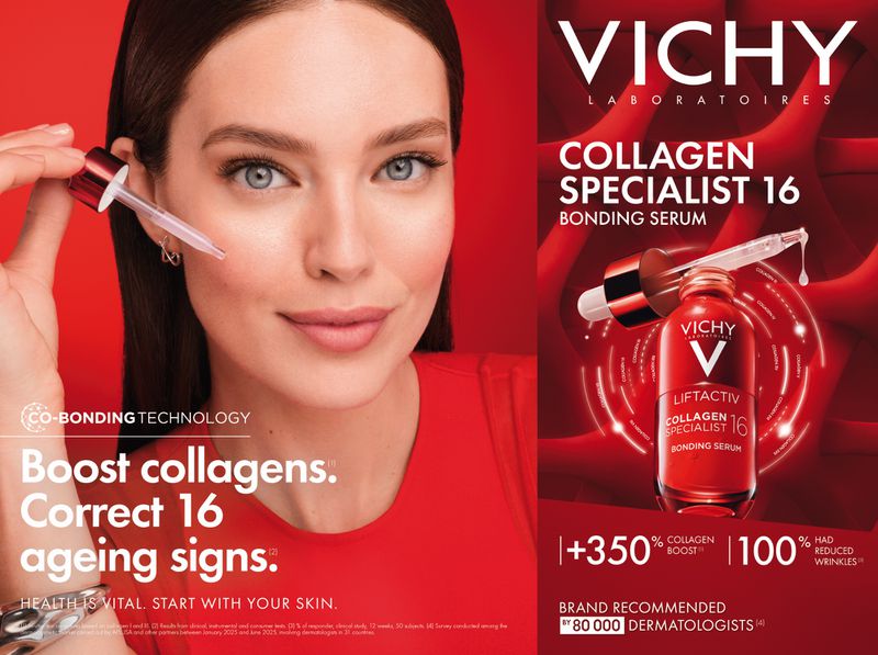 Beauty ad for Vichy Collagen Specialist 16 Bonding Serum. A woman holds a serum dropper. The product bottle is featured on a red background.