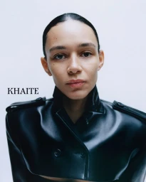 Close-up portrait of model Binx Walton wearing a black leather jacket against a white background for Khaite S/S 2026.