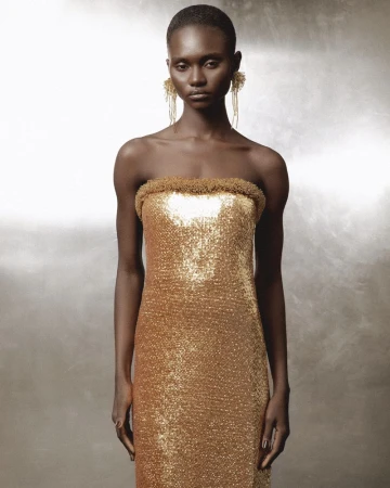 Model wearing a strapless metallic gold sequin dress and fringed earrings against a neutral textured background