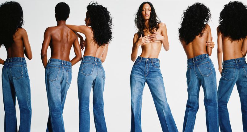 Multiple models wearing denim jeans against a plain white background for the Alaïa Denim 2026 collection.
