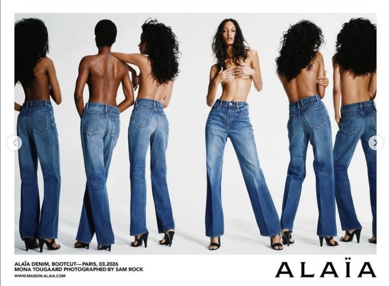 Multiple views of a female model wearing blue denim jeans against a white seamless background for Alaïa