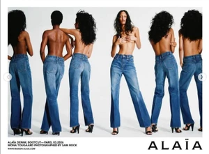 Multiple views of a female model wearing blue denim jeans against a white seamless background for Alaïa