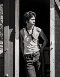 Young man in a white tank top and dark jeans leaning against a doorway in black and white