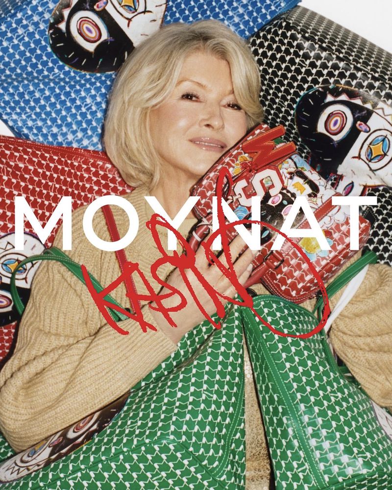 Martha Stewart posing with patterned leather handbags for the Moynat Kasing Lung Collection 2026 campaign.