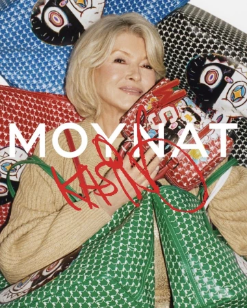 Martha Stewart posing with patterned leather handbags for the Moynat Kasing Lung Collection 2026 campaign.