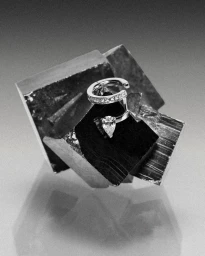 Repossi diamond ring resting on a faceted metallic mineral crystal under monochrome studio lighting.