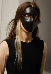 Woman wearing a smooth black leather mask covering the face, with long brown hair and a lighter blonde streak.