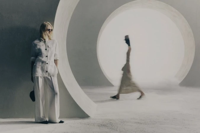Model in white linen suit standing beside a large circular architectural opening with a blurred figure walking in the background.