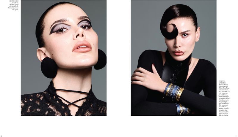 Two-panel fashion editorial portrait featuring a woman with graphic eye makeup, sculptural hair, and black attire against a grey studio backdrop.