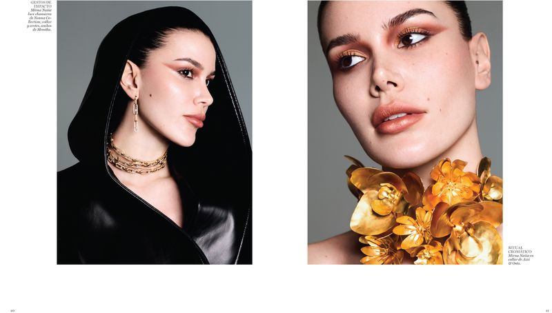Fashion editorial shot featuring a woman wearing a black hooded garment and gold jewellery, and close-up of a woman wearing gold floral necklace.
