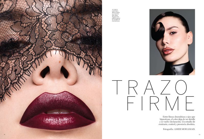 Close-up portrait of a woman wearing black lace over her eyes with dark plum lipstick, alongside a second view showing sculptural hair and collar