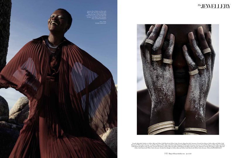 Editorial spread featuring a smiling Black woman in a brown pleated dress and a close-up of hands covered in glitter wearing diamond rings.