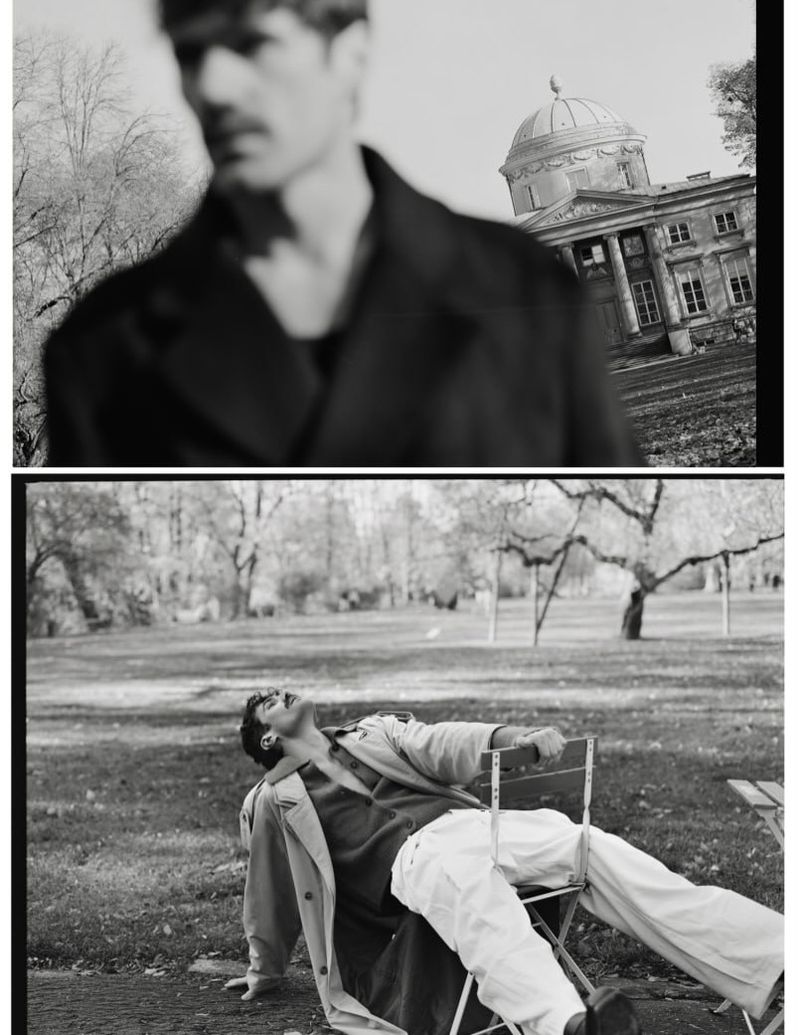 Black and white editorial split image featuring a man in a coat outdoors and a blurry portrait by a classical building.