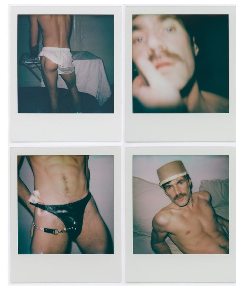 Four Polaroid style images of a shirtless adult male in underwear, posing on a white background in an indoor setting with soft lighting.